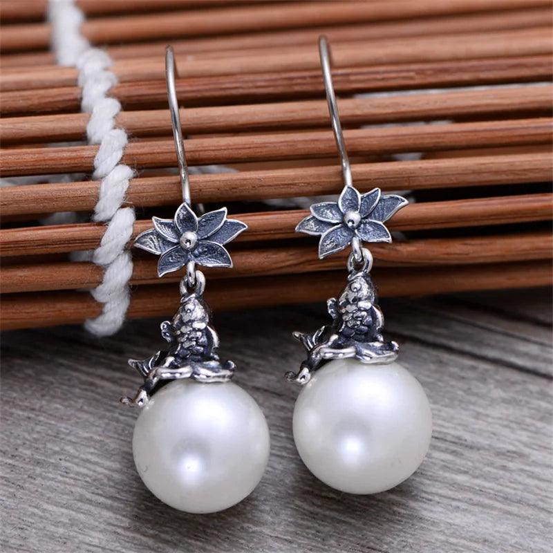 Retro Lotus Carp Pearl Sterling Silver Earring
