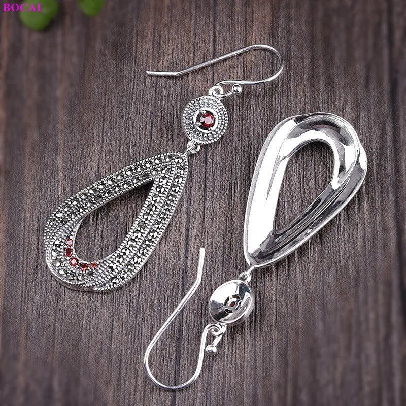 Brinco de Prata Esterlina Thai Garnet Marcasite