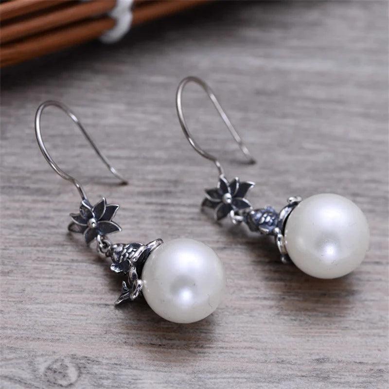 Retro Lotus Carp Pearl Sterling Silver Earring