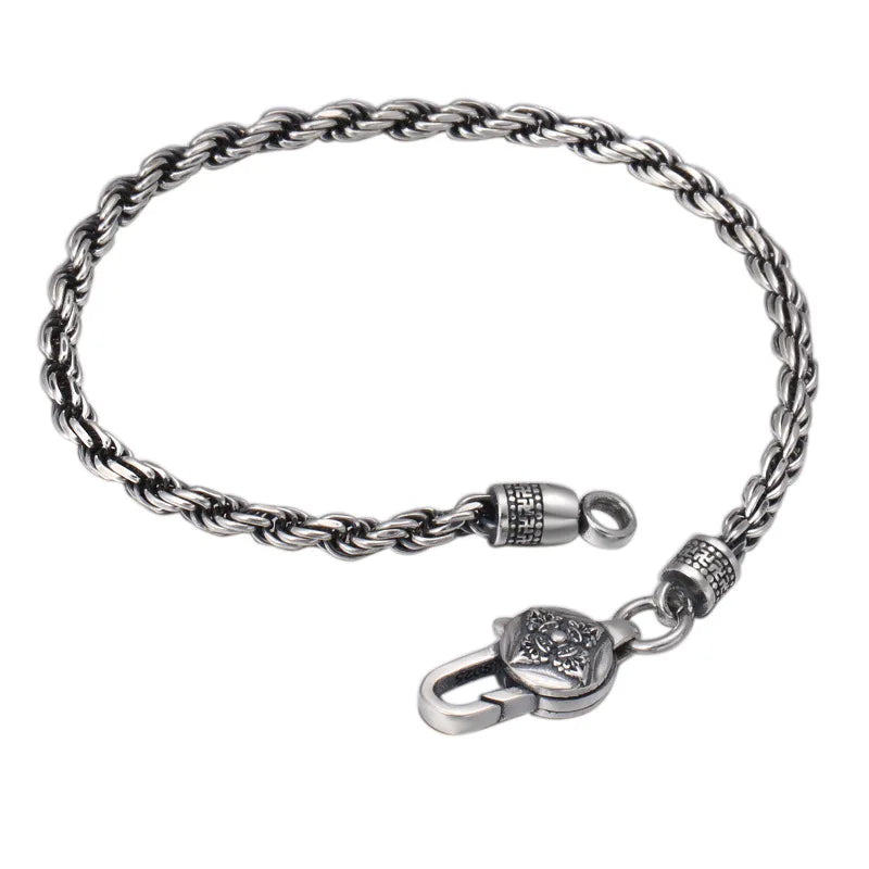 Pulseira de Corda Trançada em Prata Esterlina 925 Real – Joia com Mantra Budista Tibetano de Seis Palavras e Vajra Gravado