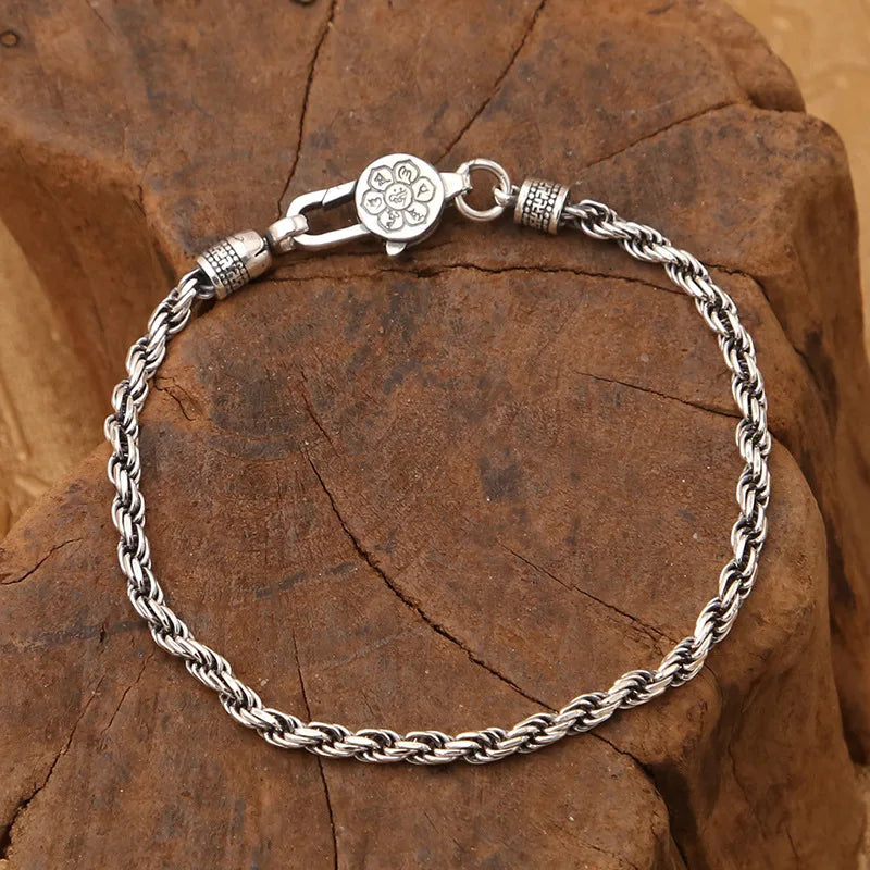 Pulseira de Corda Trançada em Prata Esterlina 925 Real – Joia com Mantra Budista Tibetano de Seis Palavras e Vajra Gravado