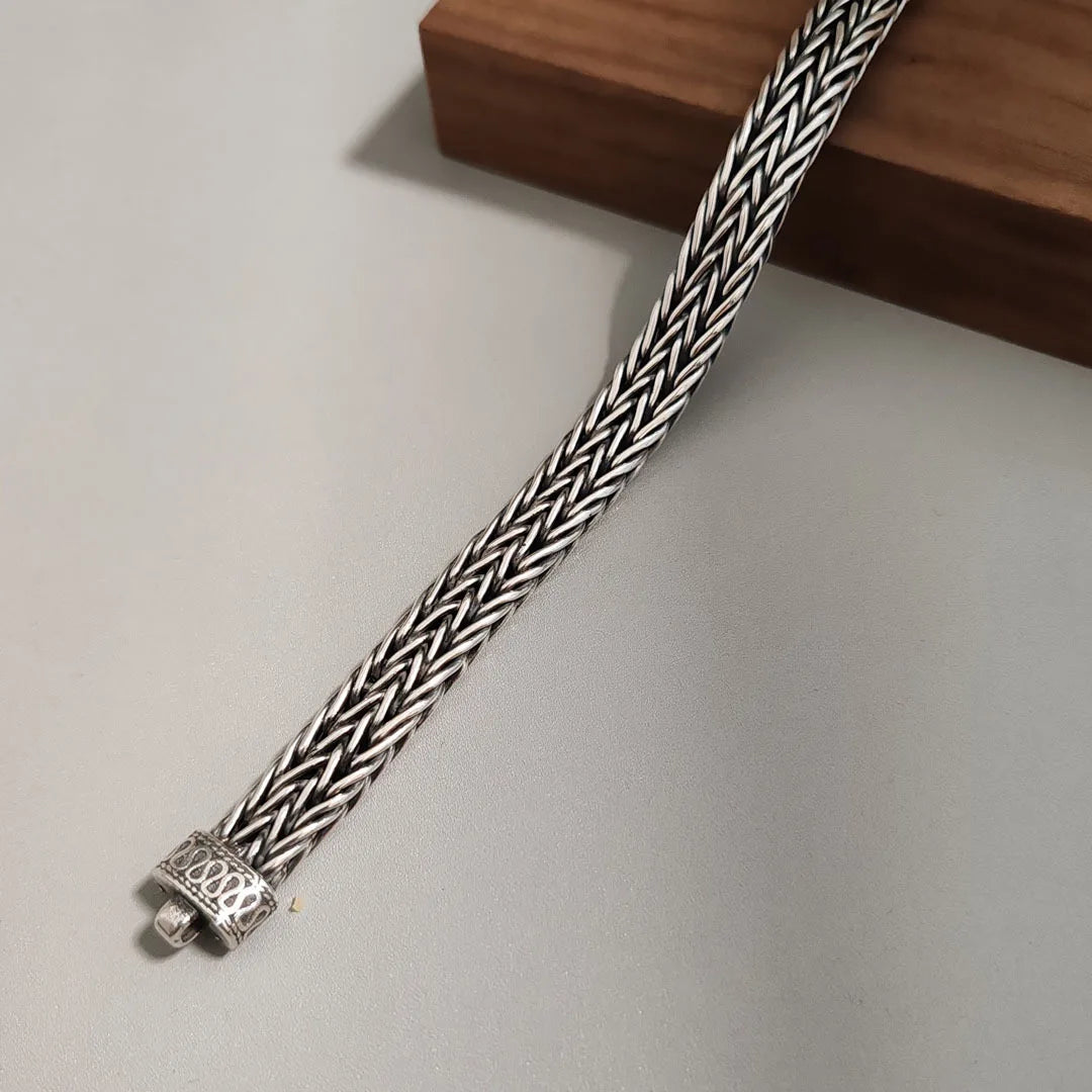 Pulseira Masculina S925 Prata Esterlina Retrô Quilha Dupla Camada