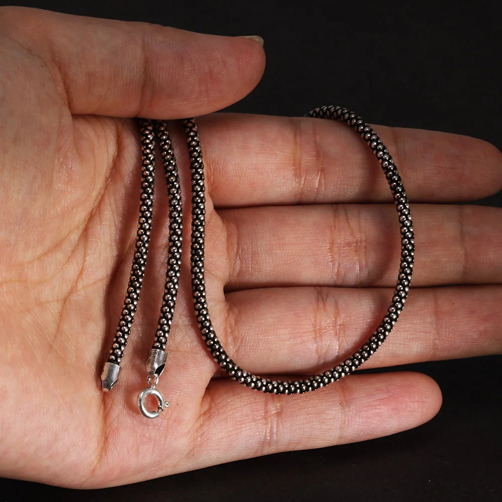 Colar Pipoca Vintage de Prata Esterlina S925 – Colar Estilo Punk, Corrente Tipo Pipoca, Largura 3mm