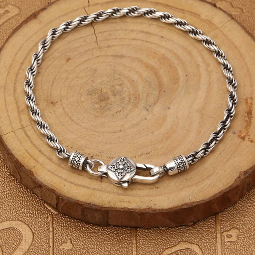Pulseira de Corda Trançada em Prata Esterlina 925 Real – Joia com Mantra Budista Tibetano de Seis Palavras e Vajra Gravado