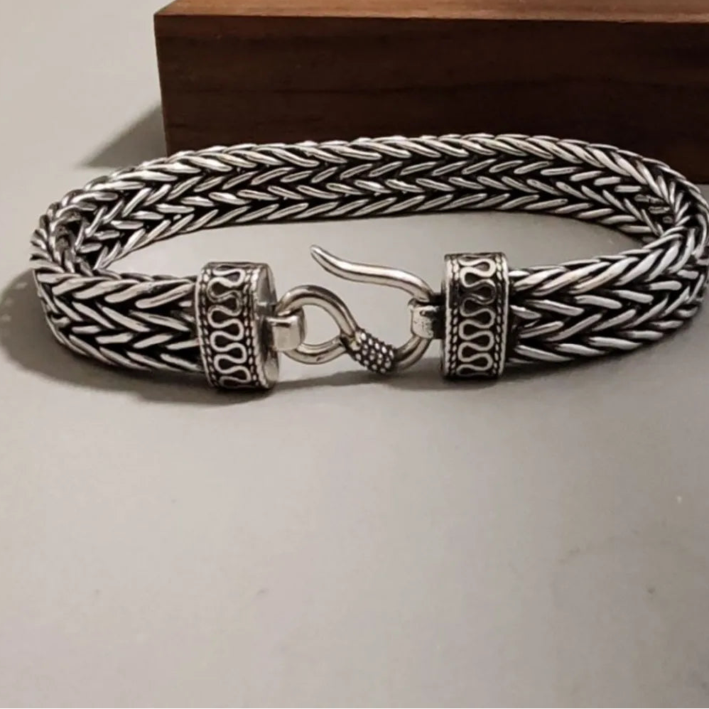 Pulseira Masculina S925 Prata Esterlina Retrô Quilha Dupla Camada