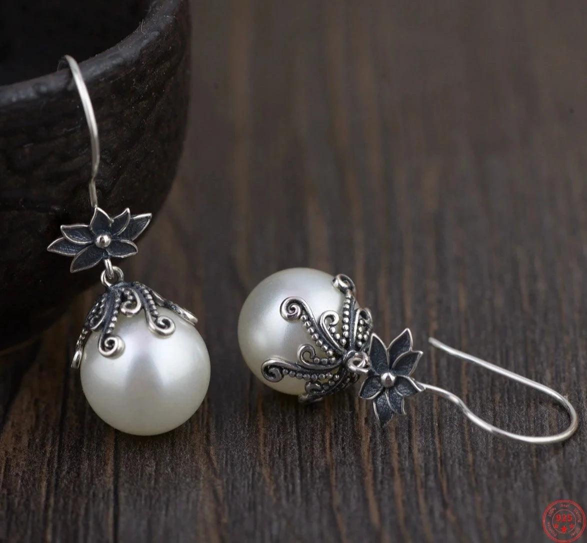 Retro Lotus Carp Pearl Sterling Silver Earring