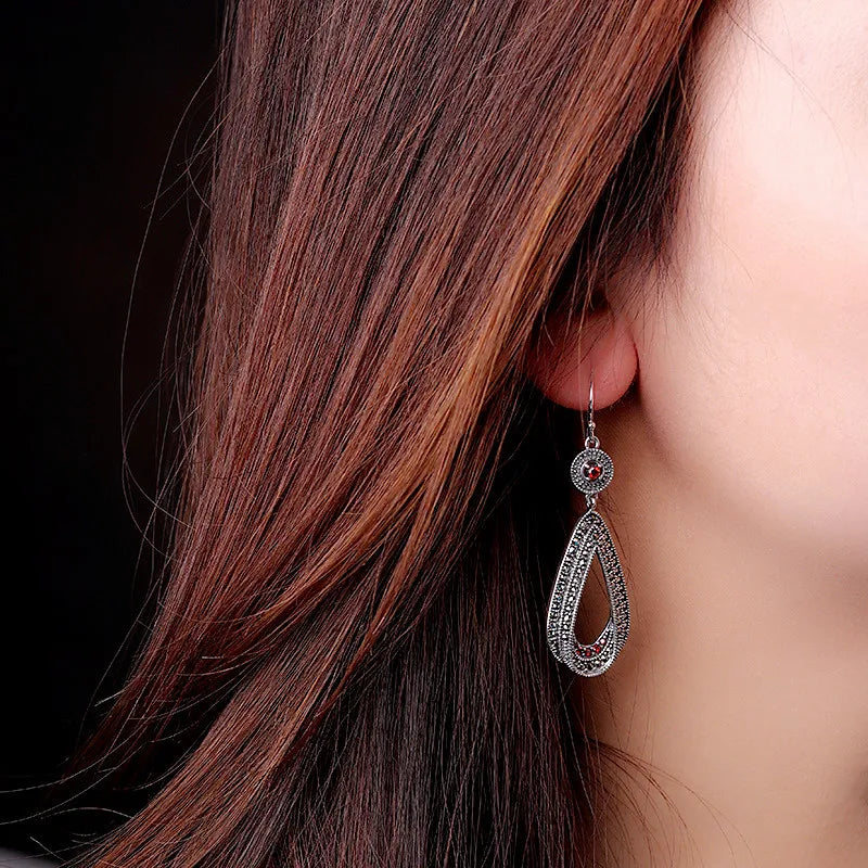 Brincos Prata Esterlina S925 Prata Tailandesa Granada Marcassita Gota de Pedra Preciosa Feminina