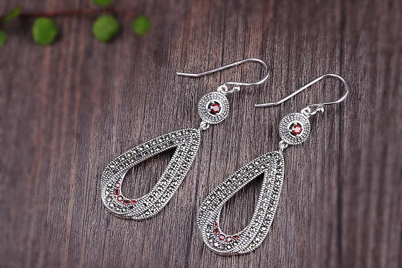 Brincos Prata Esterlina S925 Prata Tailandesa Granada Marcassita Gota de Pedra Preciosa Feminina