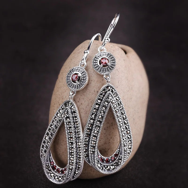 Brincos Prata Esterlina S925 Prata Tailandesa Granada Marcassita Gota de Pedra Preciosa Feminina