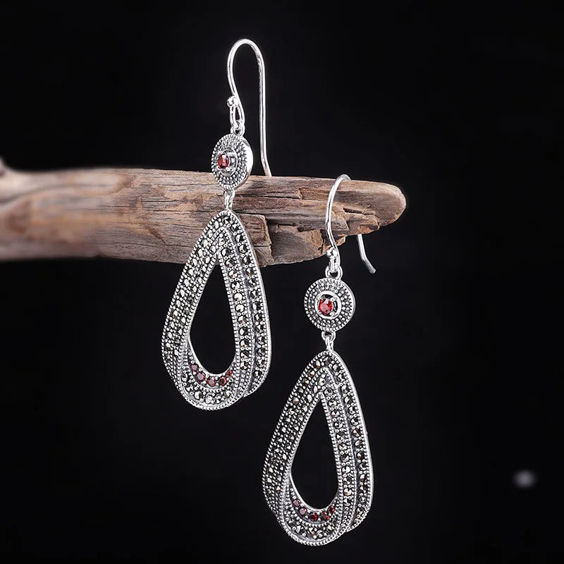 Brincos Prata Esterlina S925 Prata Tailandesa Granada Marcassita Gota de Pedra Preciosa Feminina