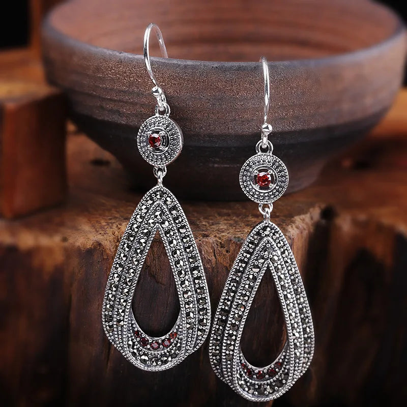 Brincos Prata Esterlina S925 Prata Tailandesa Granada Marcassita Gota de Pedra Preciosa Feminina