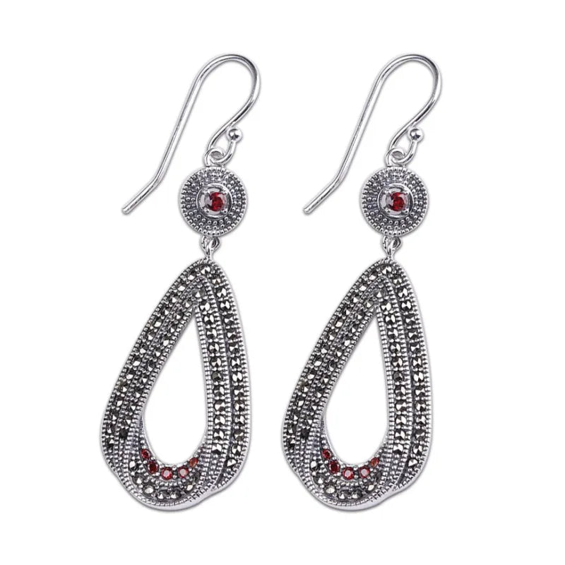 Brincos Prata Esterlina S925 Prata Tailandesa Granada Marcassita Gota de Pedra Preciosa Feminina