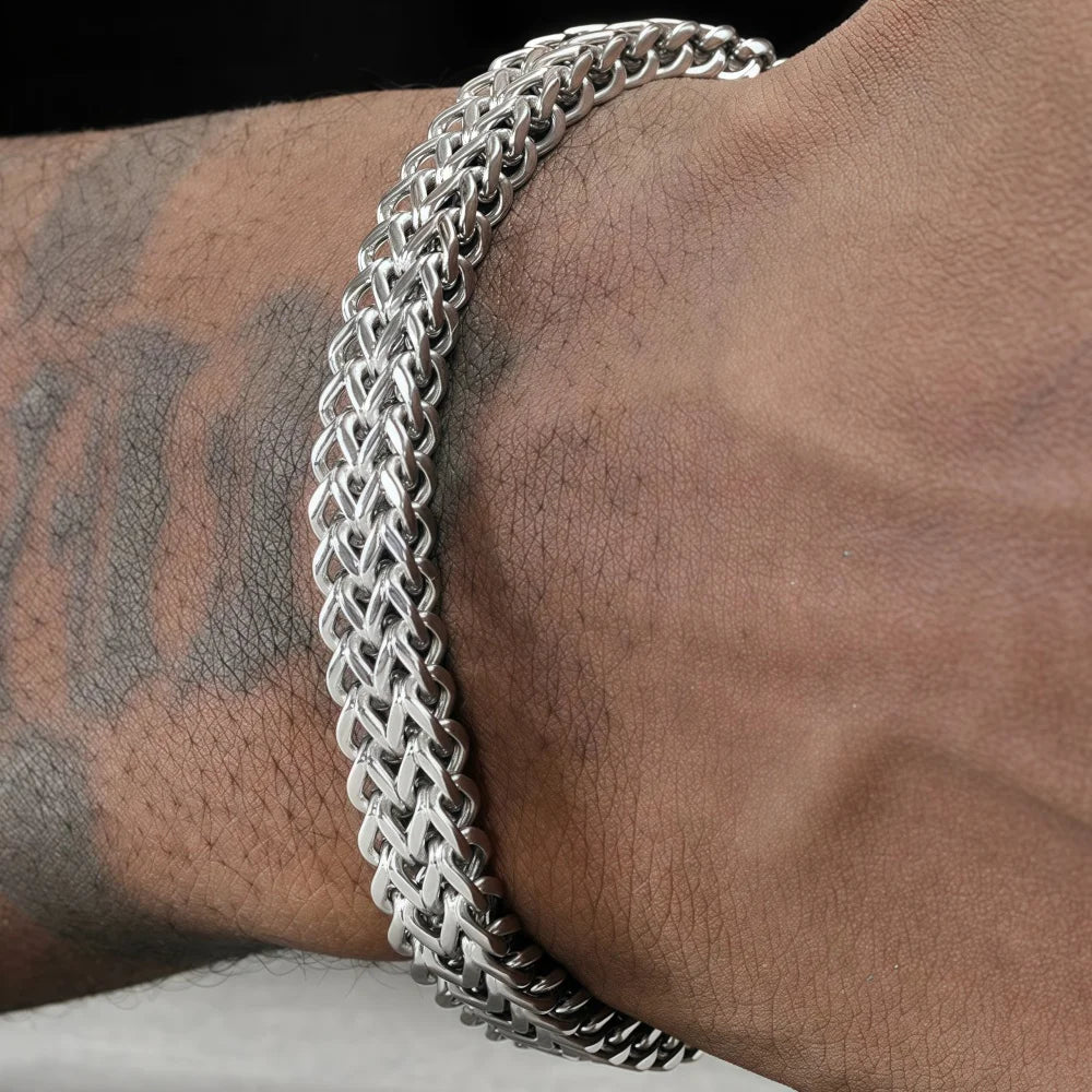Pulseira de Aço Inoxidável 8mm Trançada Dupla Fileira Escama de Peixe Simples Sem Desbotamento Masculina Joias Hip Hop