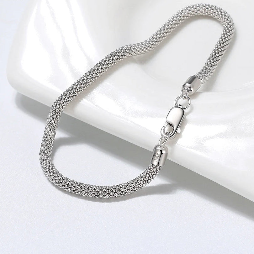 Pulseira Pipoca de Malha Sólida Prata Esterlina 925 3mm Unissex