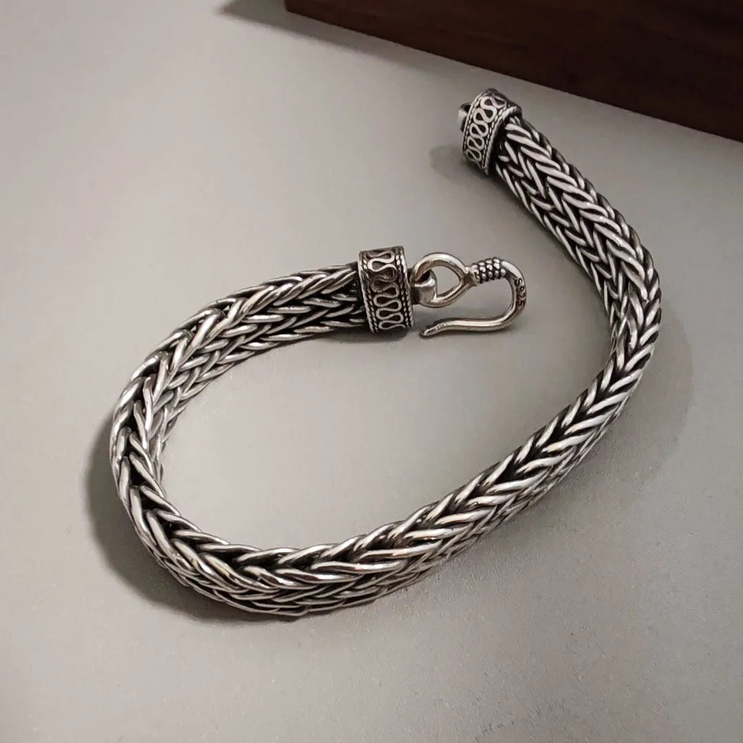 Pulseira Masculina  S925 Prata Esterlina Retrô Quilha Dupla Camada