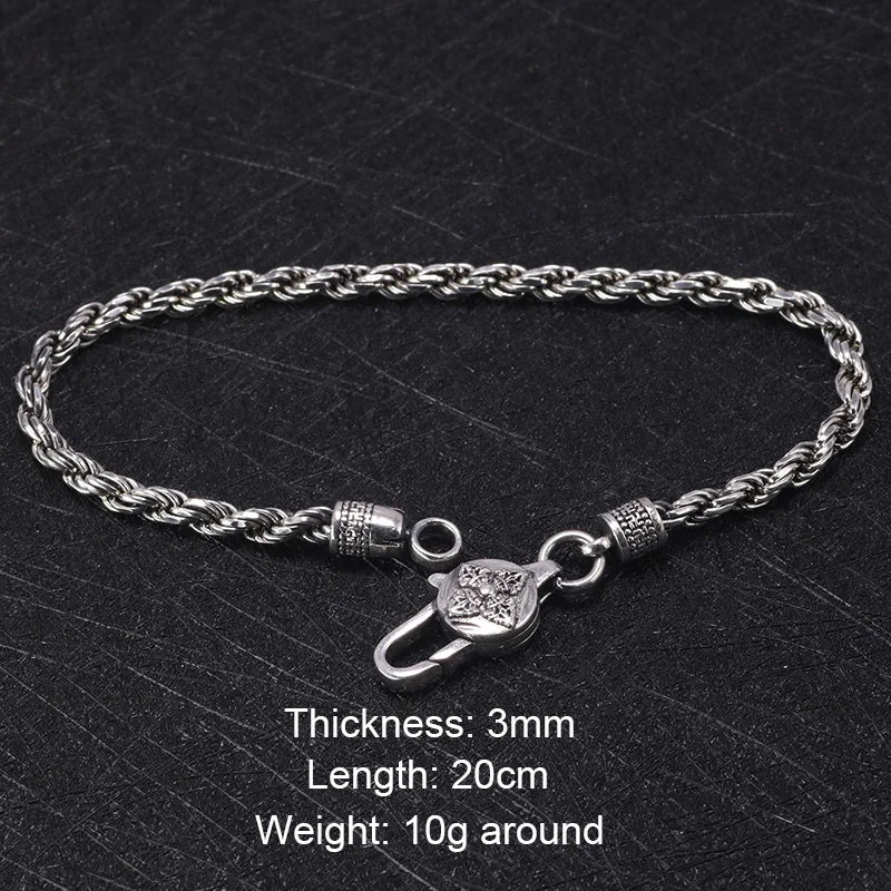 Pulseira de Corda Trançada em Prata Esterlina 925 Real – Joia com Mantra Budista Tibetano de Seis Palavras e Vajra Gravado
