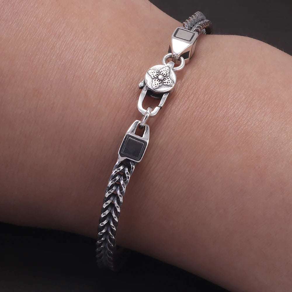 Pulseira de Corrente Foxtail Quadrada de Prata Esterlina 925 4mm Budista Tibetano