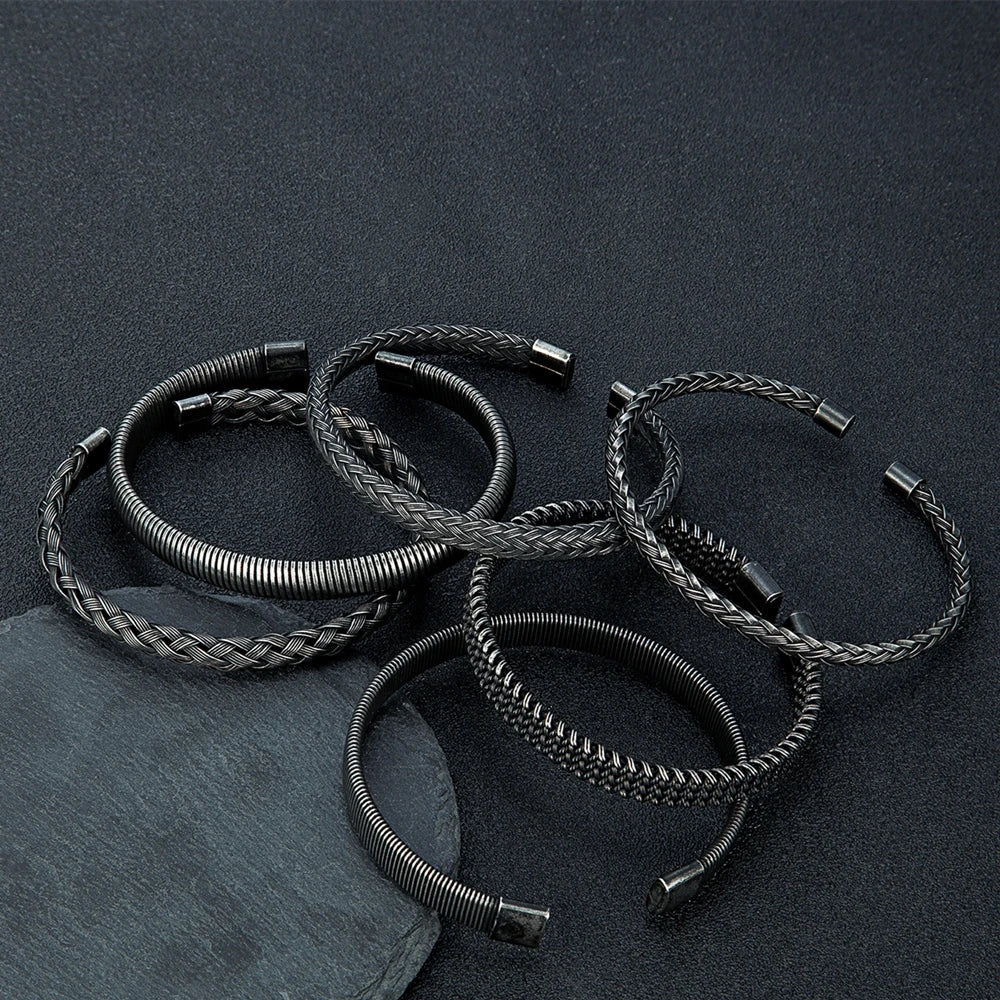 Pulseira Punho Cubana de Aço Inoxidável Vintage Preto Masculina Punk Rock Locomotiva Acessórios Atacado