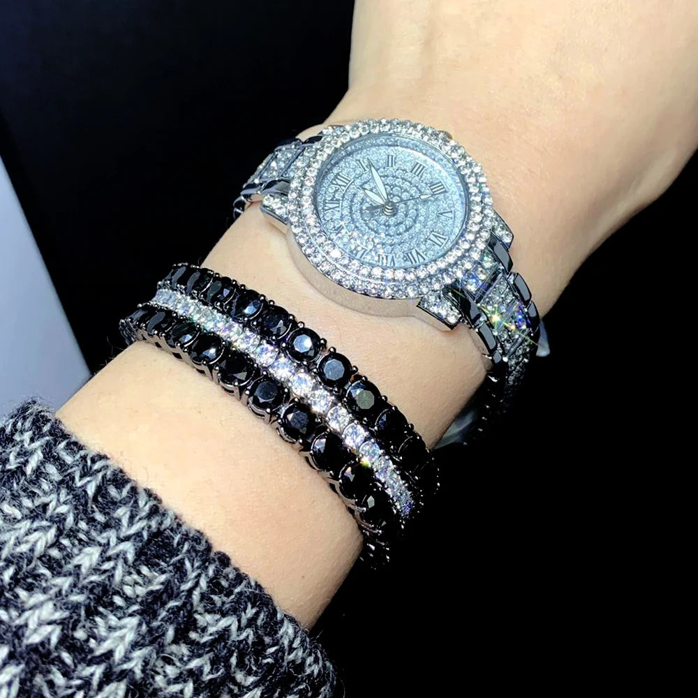 Nova Pulseira Zircônia Cúbica 5mm Corrente Preta Bangle Hip Hop