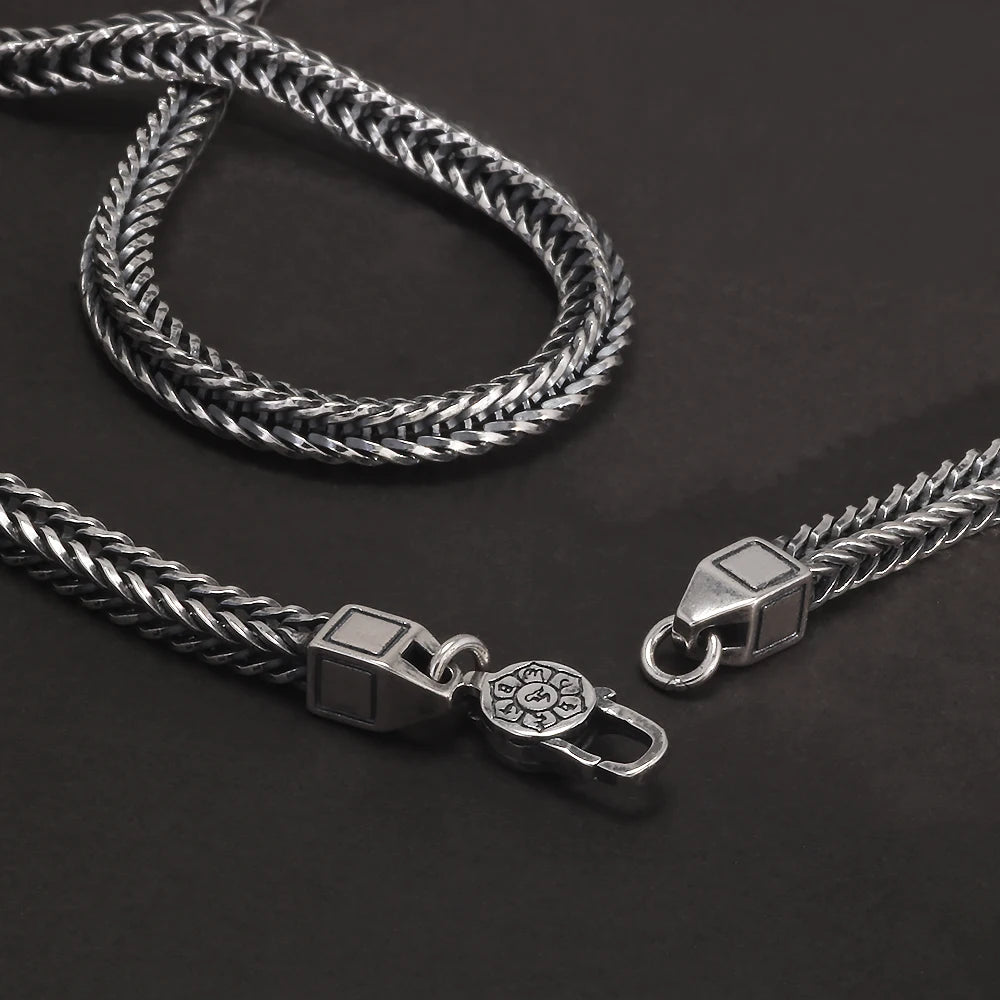 Pulseira de Corrente Foxtail Quadrada de Prata Esterlina 925 4mm Budista Tibetano