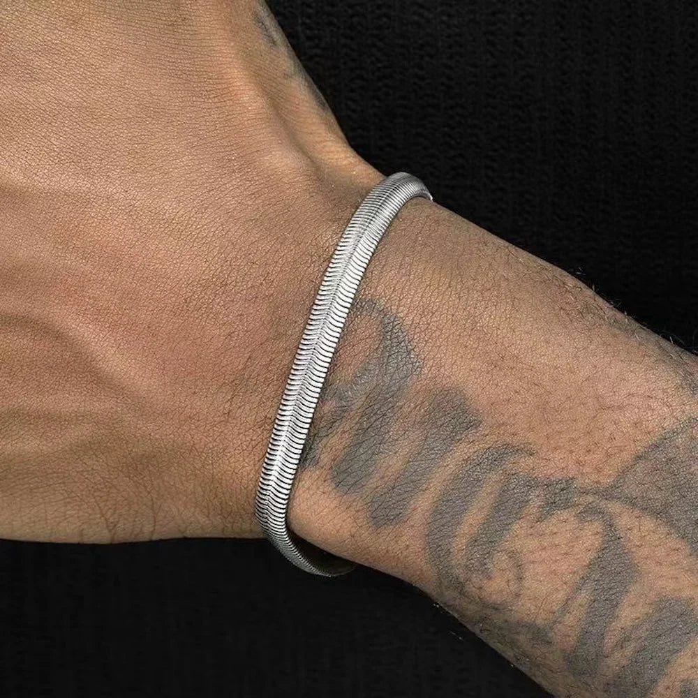 Pulseira de Corrente de Cobra Plana de Aço Inoxidável Retrô 6mm para Homens Joias da Moda Hip Hop Acessórios de Aço Titânio Presentes