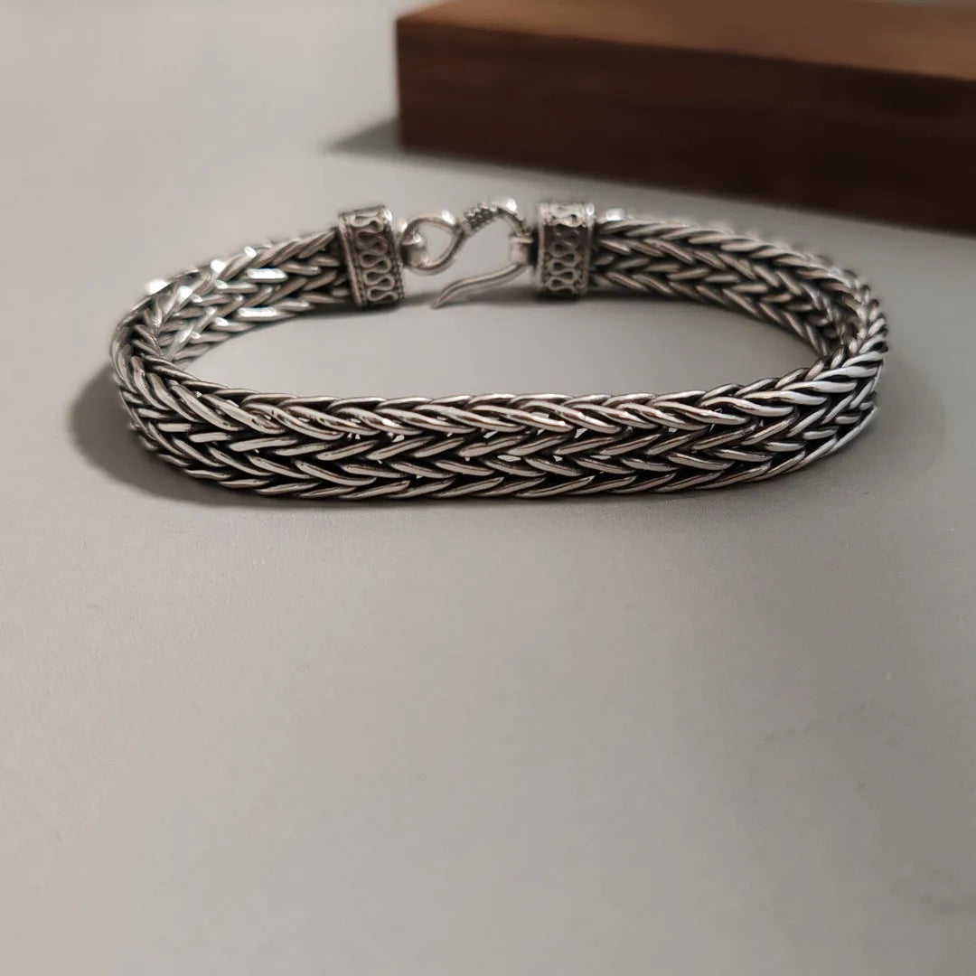 Pulseira Masculina  S925 Prata Esterlina Retrô Quilha Dupla Camada